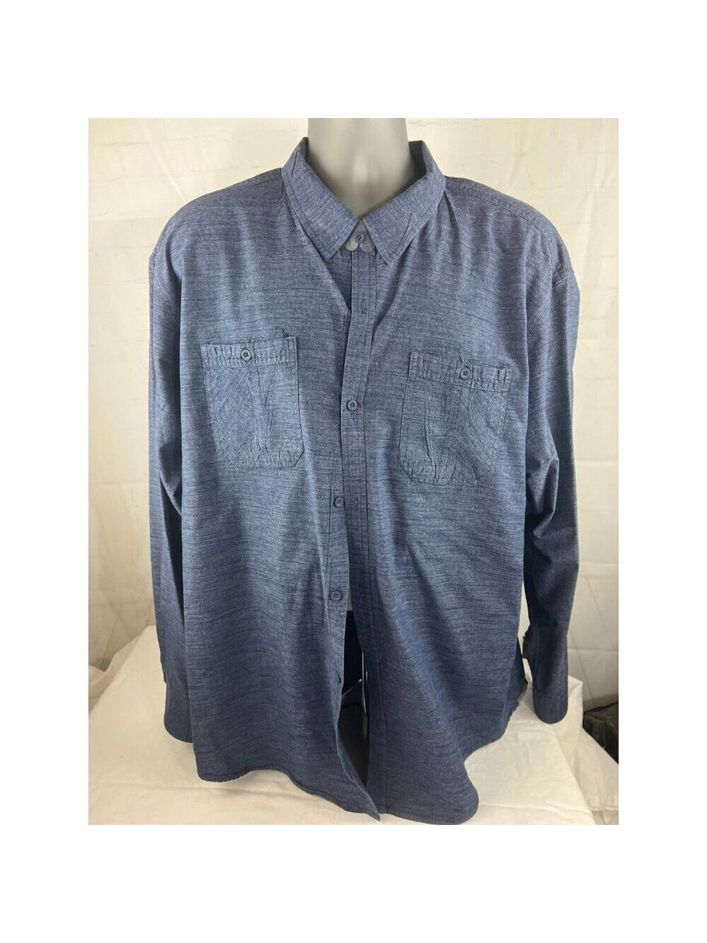 Men’s Burnside Chambray Long Sleeve Casual Button Up Shirt Size 4XL Dark Blue